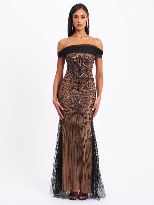 Miss Circle Women Qeturah Embroidered Sequin Off Shoulder Mesh Gown In Brown