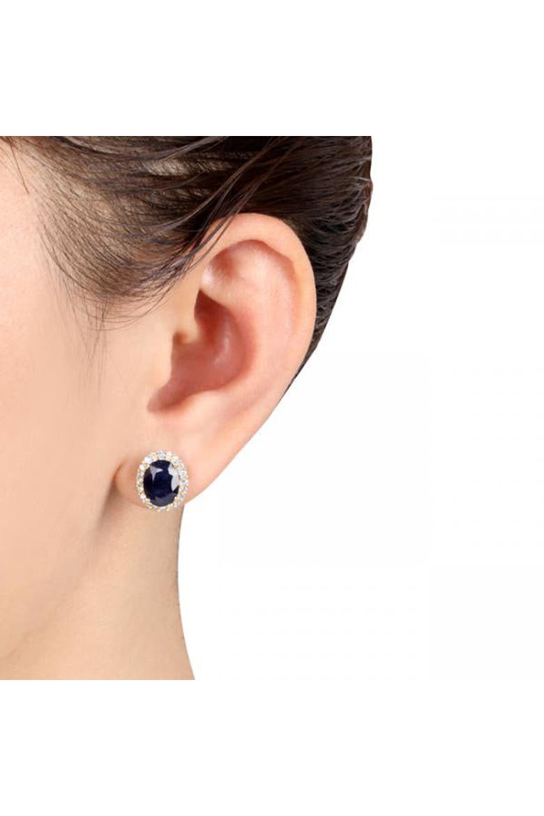 Oval Blue Sapphire & Halo Diamond Stud Earrings 14k, Alternate, color, Yellow Gold