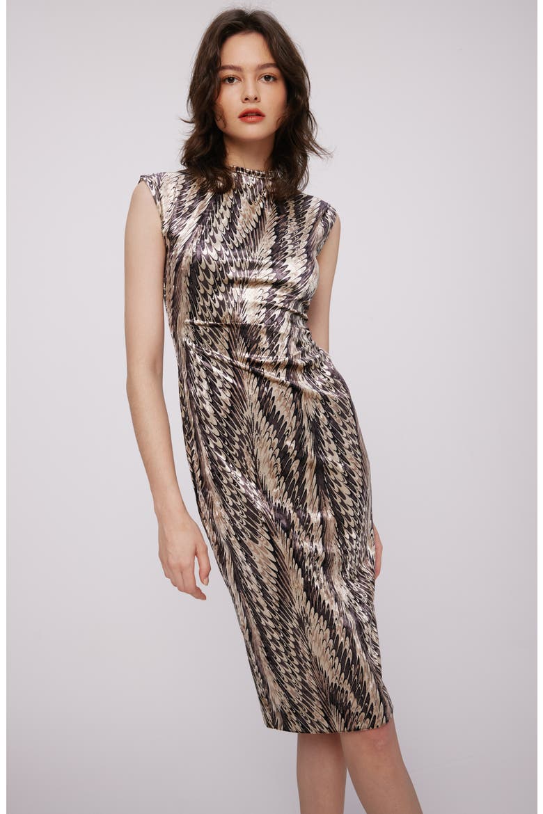 Darrius Printed Ruched Sleeveless Sheath Dress, Alternate, color, FEATHER BOA SM