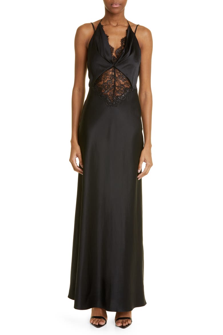 Metallic Lace Detail Silk Gown, Main, color, FLORAL PRINT/ BLACK