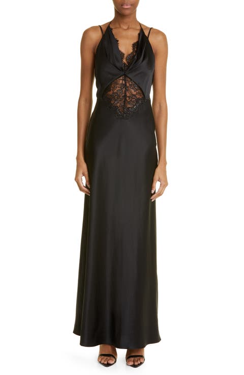 Metallic Lace Detail Silk Gown