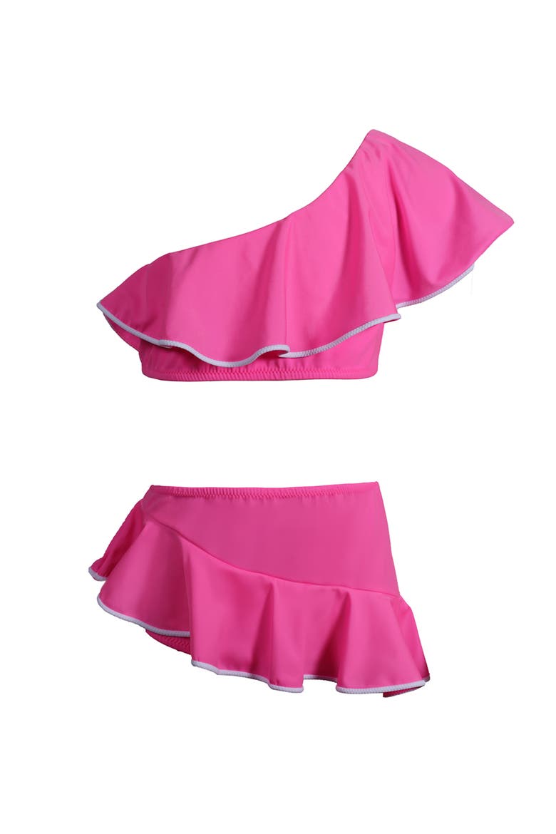 Kids' One Shoulder Ruffle Pipping Detail Two Piece Bikini, Main, color, Pink
