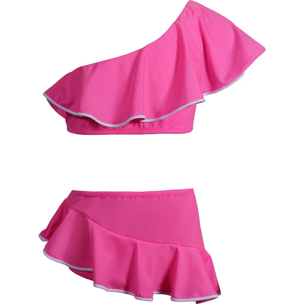 Nessi Byrd Kids' One Shoulder Ruffle Pipping Detail Two Piece Bikini In Red