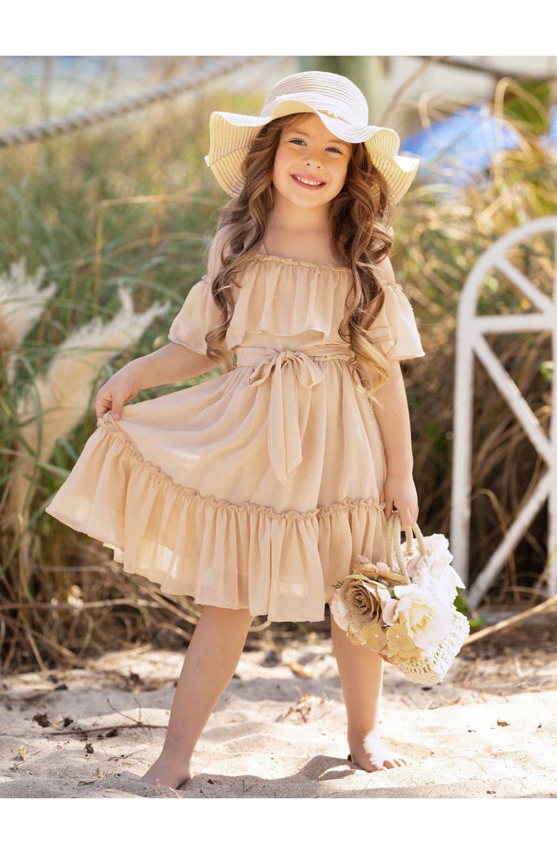 Mia Belle Girls Girls Golden Sands Ruffle Shoulder Sundress, Alternate, color, Beige