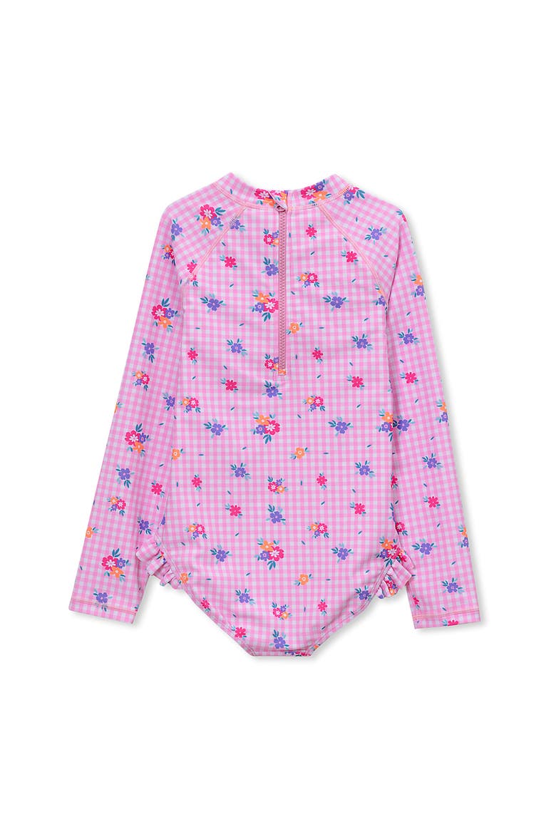 Girls Chlorine Resistant Long Sleeve Ruffle One Piece Swimsuit, Alternate, color, Pink Gingham Floral