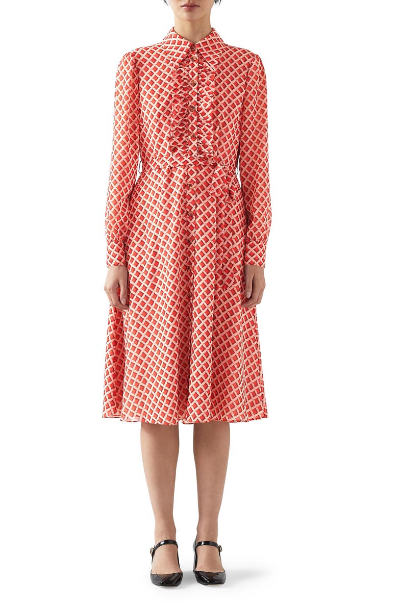 LK Bennett Ensor Print Ruffle Long Sleeve Shirtdress, Main, color,