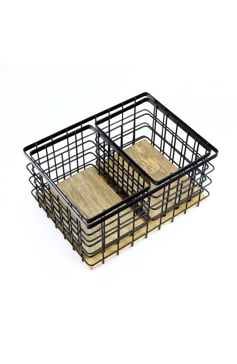 HAPPIMESS Evvie Vintage Farmhouse Handmade Wire Metal Nesting Storage Baskets with Wood Base, Alternate, color, Black/Natural