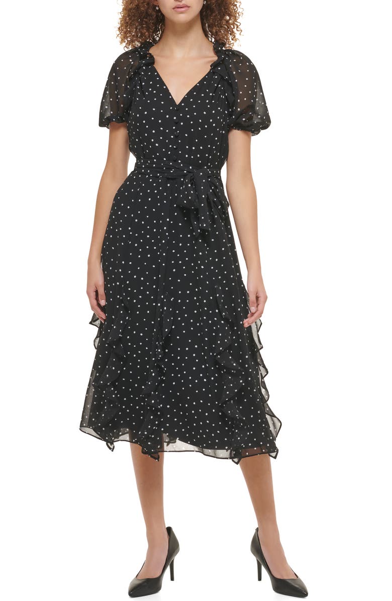 KARL LAGERFELD PARIS Puff Sleeve Ruffle Chiffon Midi Dress, Main, color, 