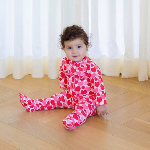 Norani Stretch Organic Cotton Zip Footie In Red & Pink Hearts