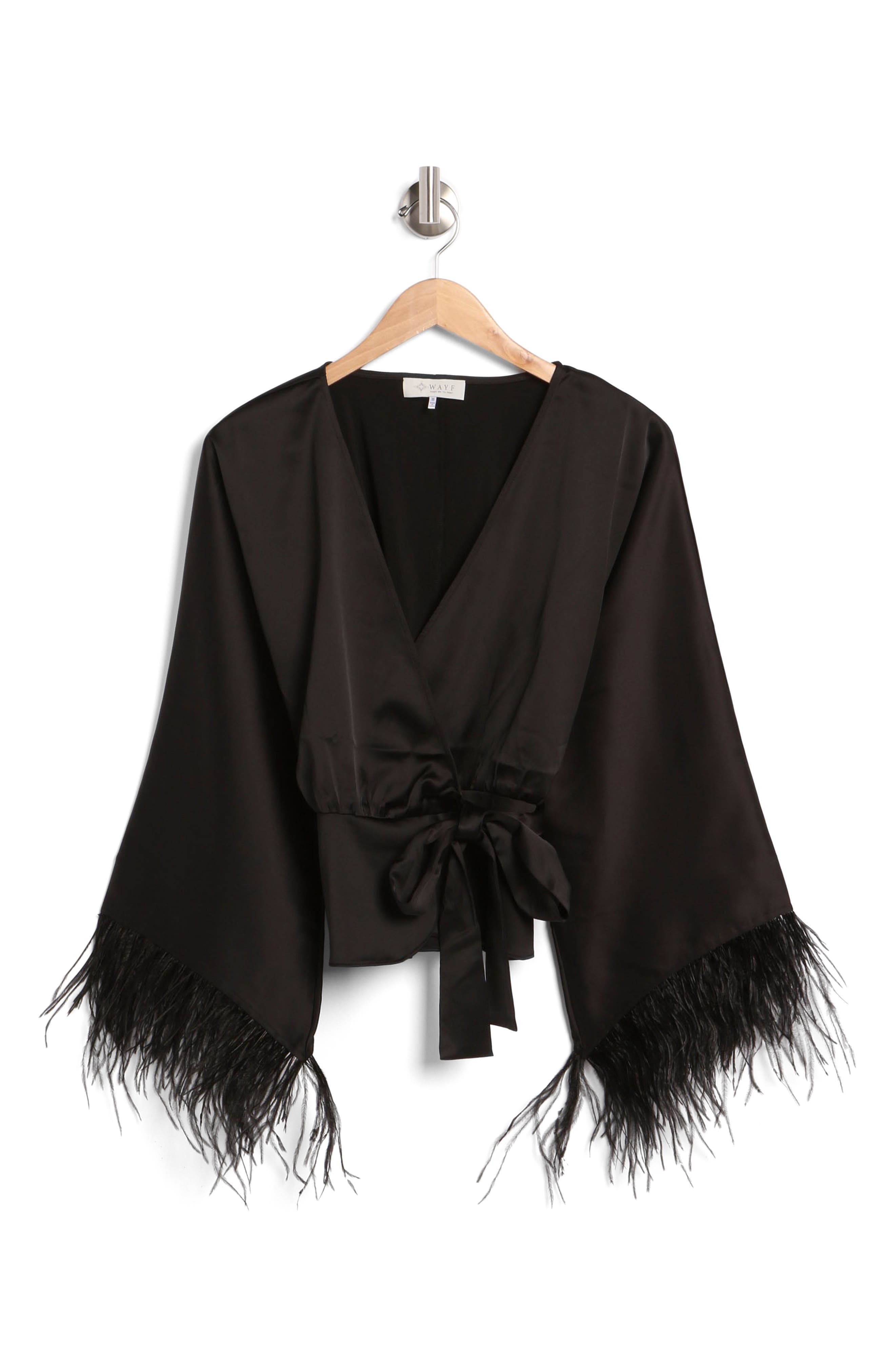 WAYF Feather Trim Satin Wrap Top (Women) | Nordstromrack