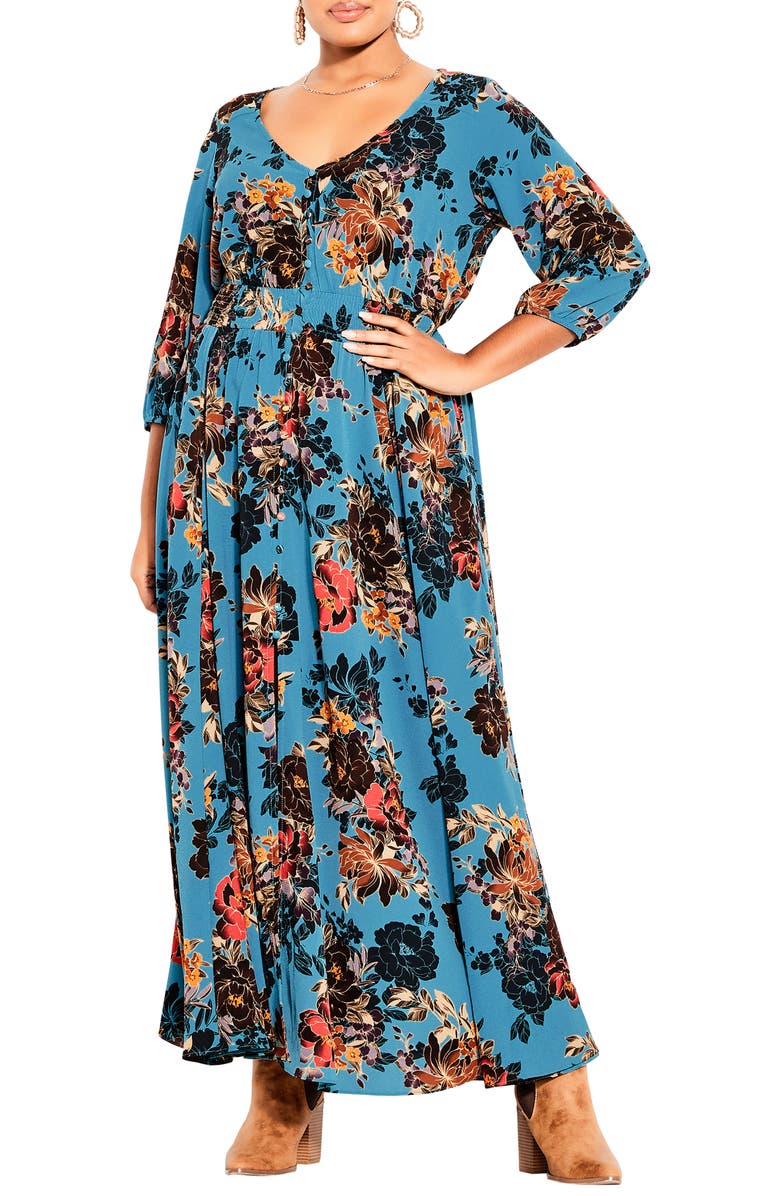 City Chic Gianna Floral Smocked Waist Maxi Dress, Main, color, 