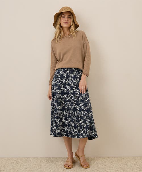 Pact Organic Cotton Fit & Flare Midi Skirt In Bouquet Blooms Midnight Blue