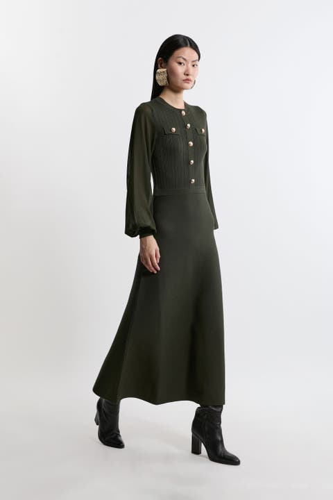 Military Trim Chiffon Sleeve Knit Dress