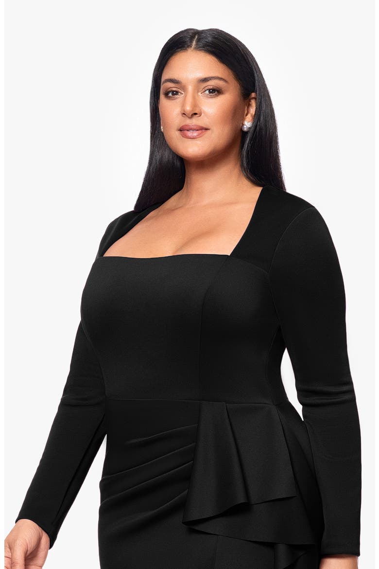 Side Ruffle Long Sleeve Scuba Knit Gown, Alternate, color, BLACK