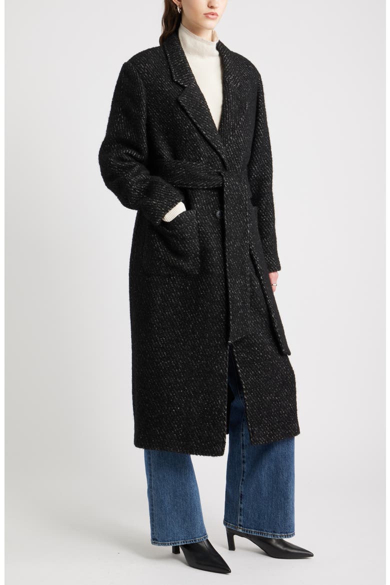 Belted Textured Trench Coat, Alternate, color, BLACK- IVORY TWILL