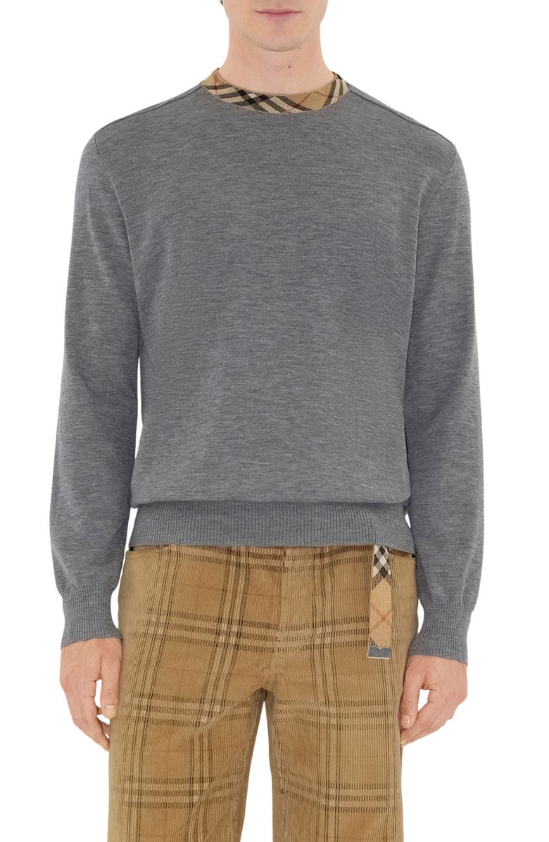 Burberry Check Trim Wool Sweater, Main, color, Grey