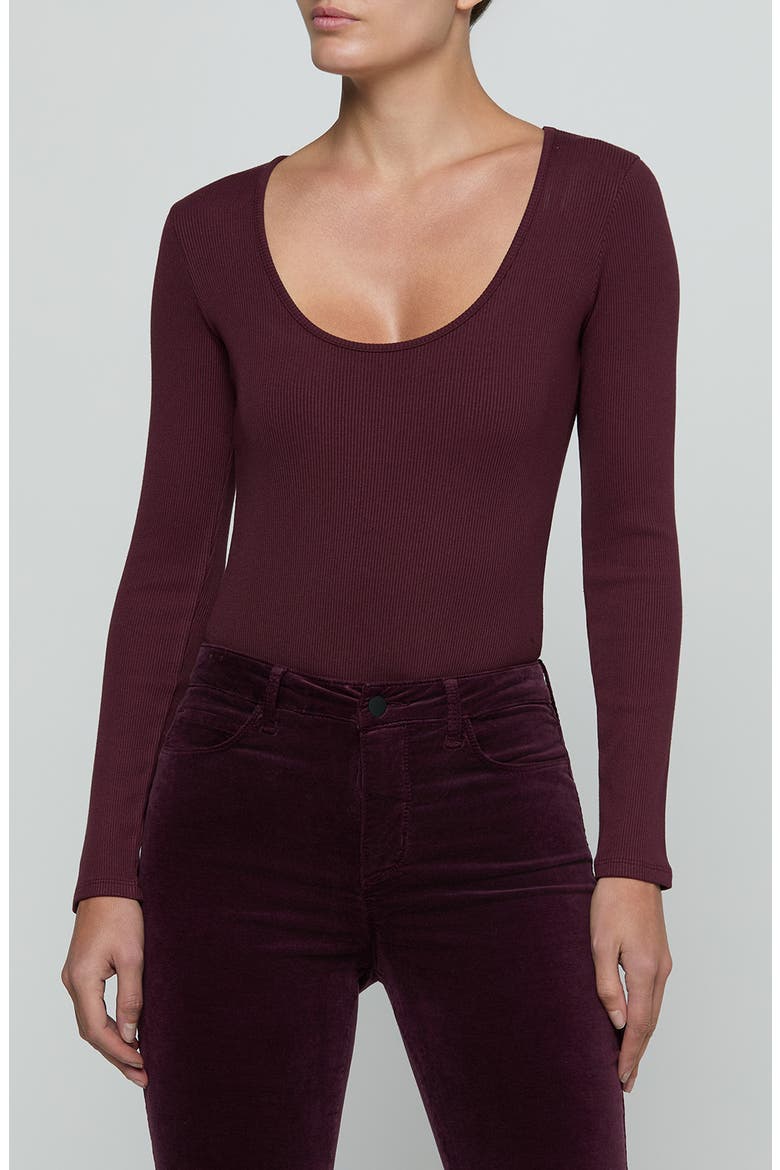 Elara Stretch Cotton & Modal Rib Bodysuit, Main, color, DEEP SANGRIA