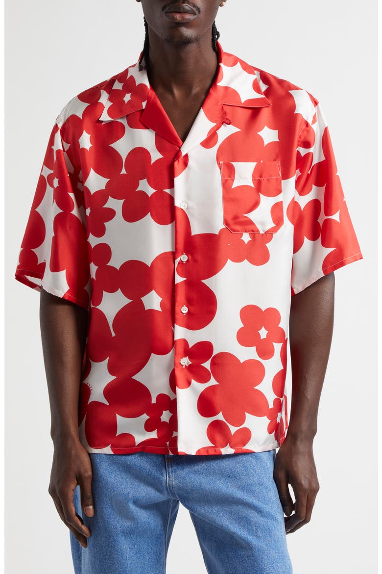 Dillies Print Silk Bowling Shirt, Main, color, CRIMSON
