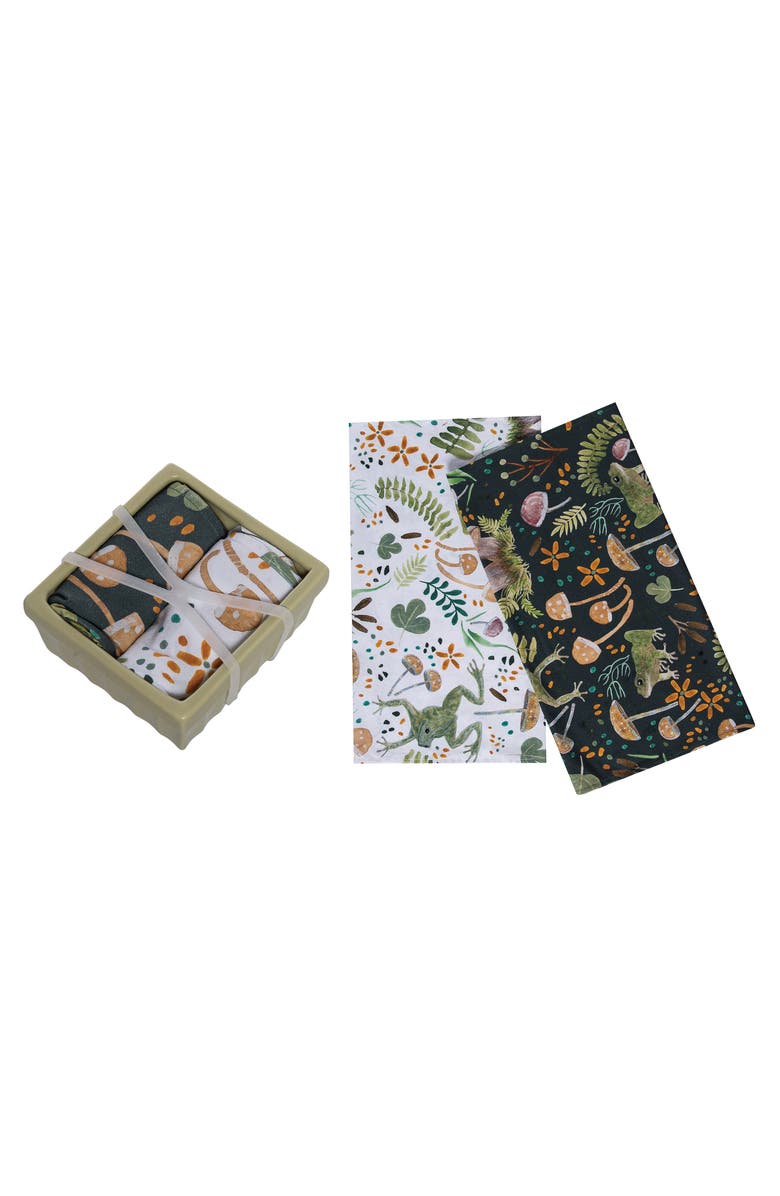 Transpac Ceramic Dish with Frog Pattern Tea Towels Set of 3 Multicolored for Spring Serving and Entertaining, Main, color, Multicolored