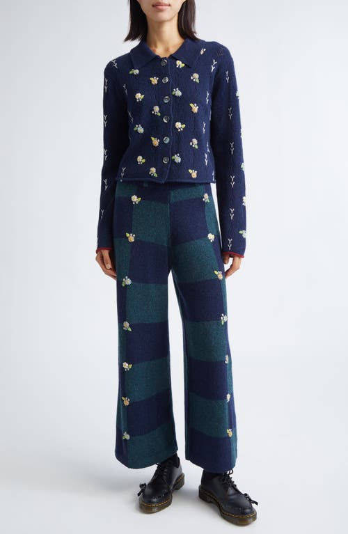 Yanyan Daisy Embroidered Checkerboard Lambswool Pants In Blue