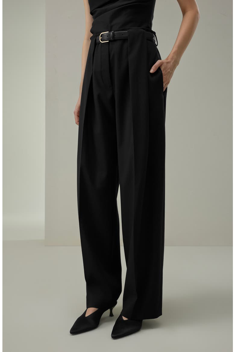 Box Pleated Silk-Wool Trouser, Alternate, color, Black