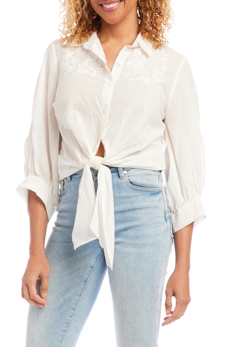 Embroidered Tie Front Cotton Lawn Shirt, Main, color, OFF WHITE
