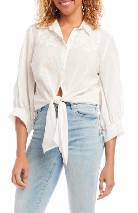 Karen Kane Embroidered Tie Front Cotton Lawn Shirt