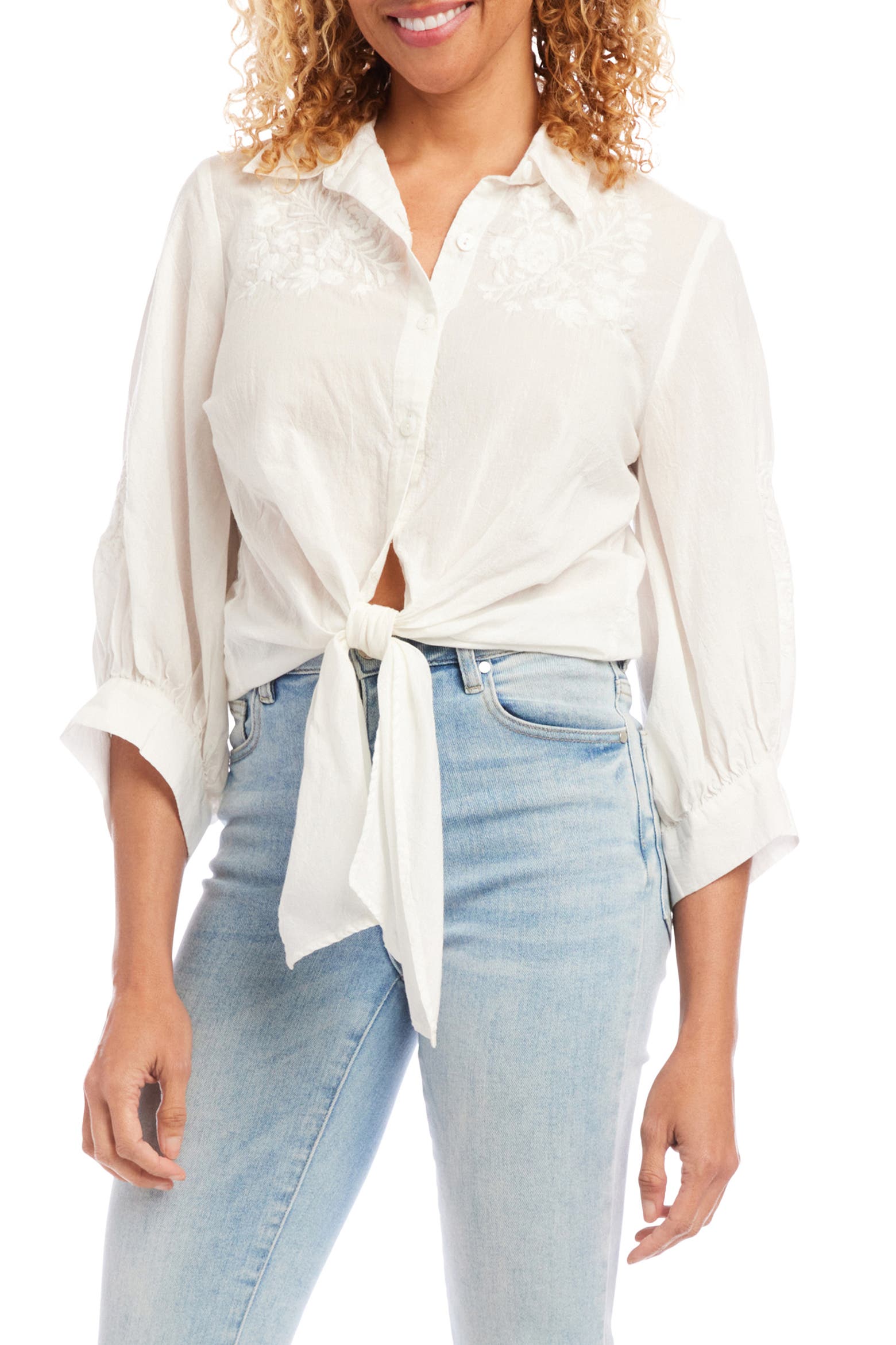 Kane Rugs Karen Kane Embroidered Tie Front Cotton Lawn Shirt (Women) | Nordstromrack