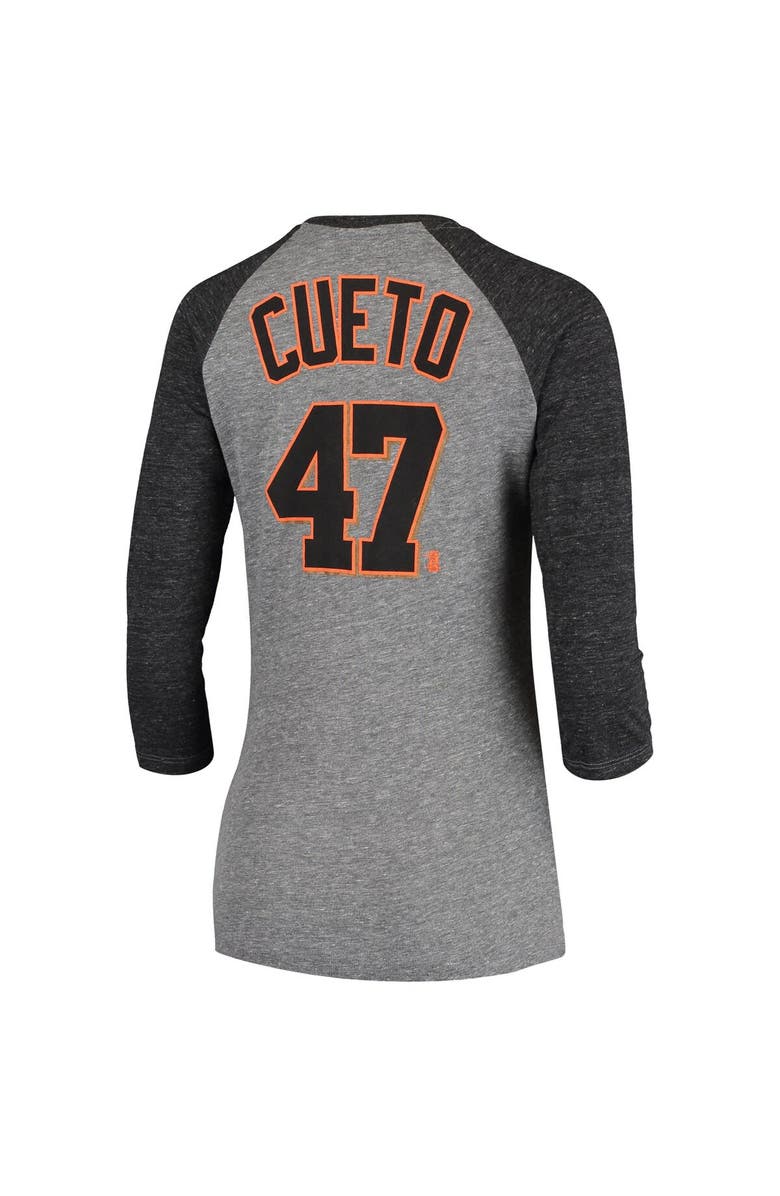 5TH AND OCEAN BY NEW ERA Women's 5th & Ocean by New Era Johnny Cueto Gray San Francisco Giants Script Name & Number Raglan Tri-Blend 3/4-Sleeve T-Shirt, Alternate, color, Gray