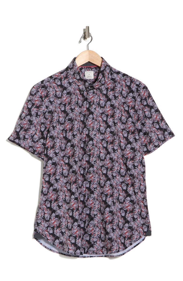 CONSTRUCT Slim Fit Pine Cone Print 4-Way Stretch Short Sleeve Shirt, Alternate, color, Black/ Red