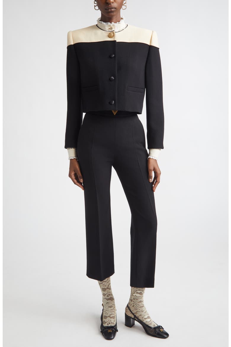 Colorblock Crop Wool Crepe Jacket, Alternate, color, BLACK/ CREAM