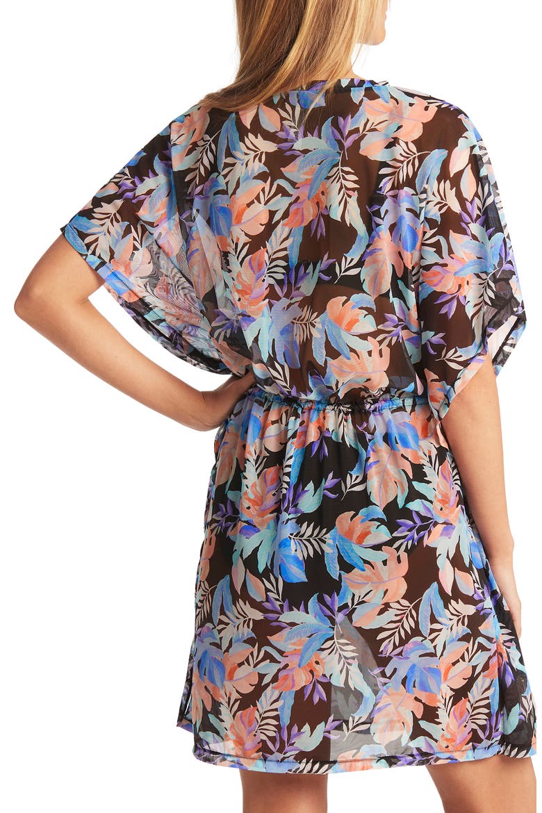 Frond Print Caftan Cover-Up Dress, Alternate, color, BLACK