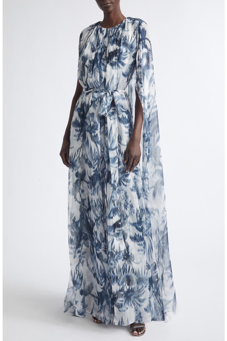 Chiné Palm Leaves Print Silk Caftan, Main, color, NAVY/ WHITE