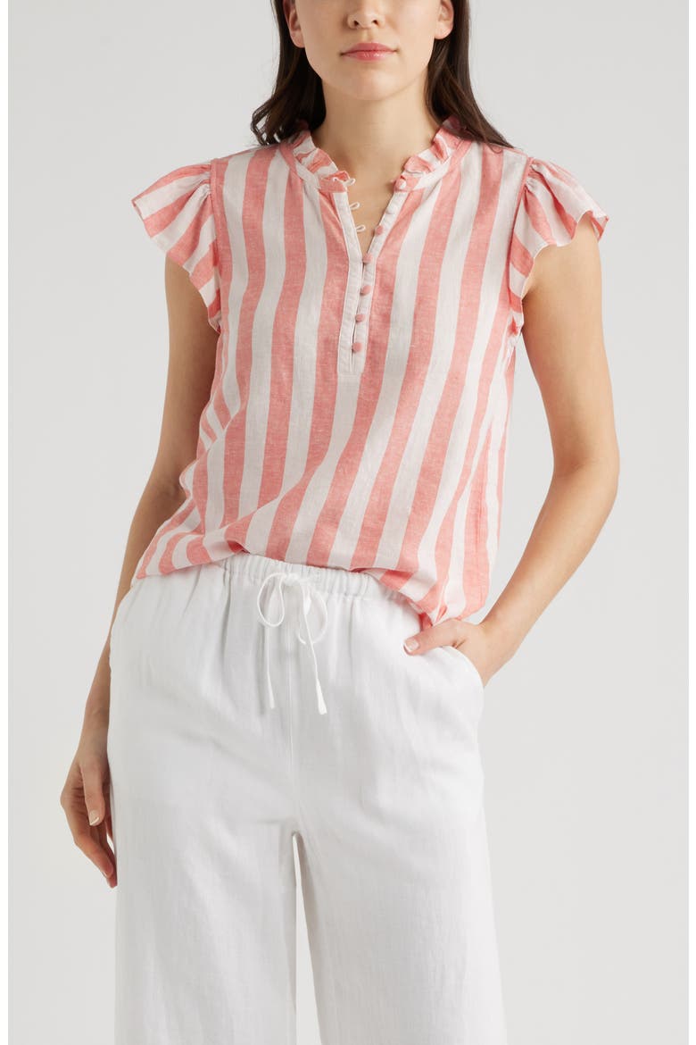 Flutter Sleeve Popover Top, Main, color, PINK- CORAL CABANA STRIPE