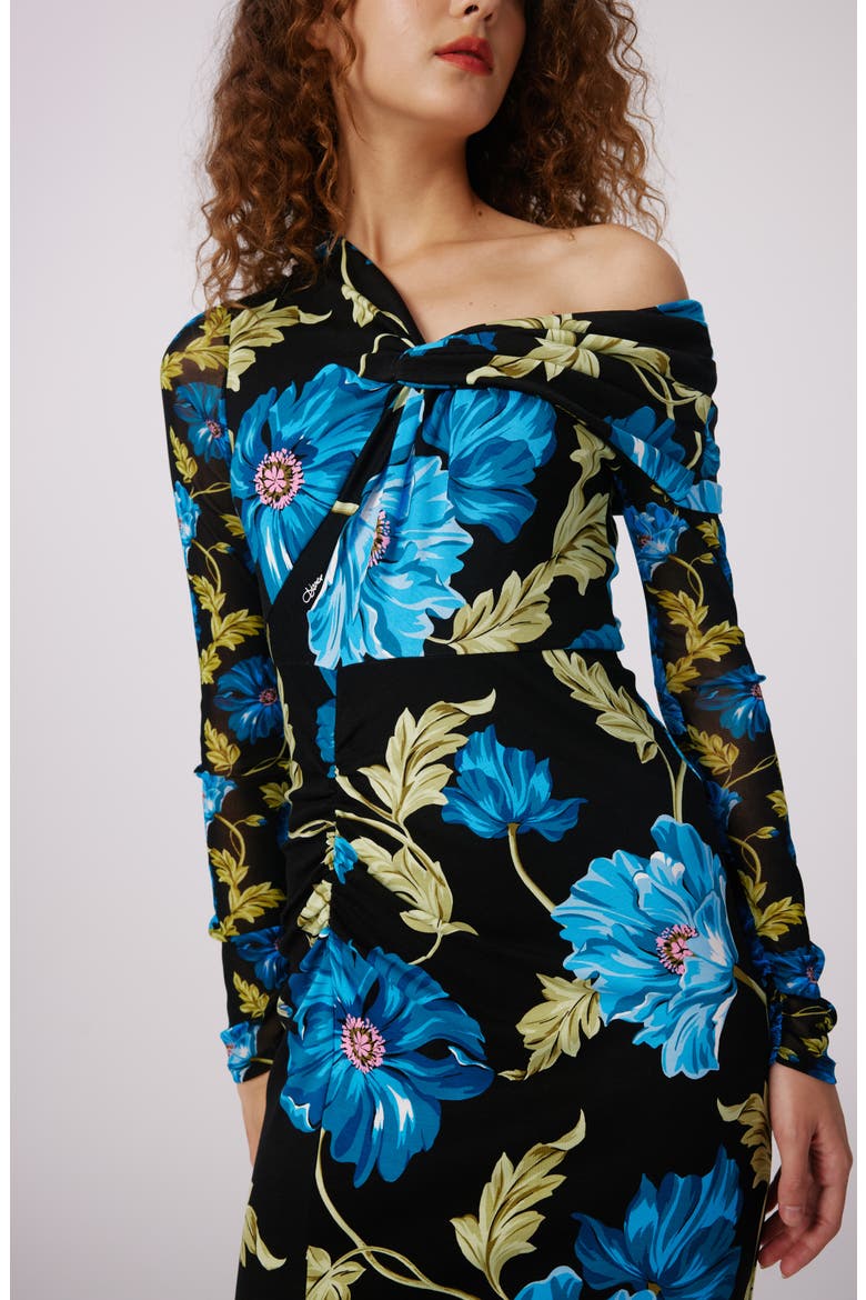 Rich Floral Asymmetric Neck Long Sleeve Midi Dress, Alternate, color, HENDRIX FLORAL DARK TEAL LG/SM