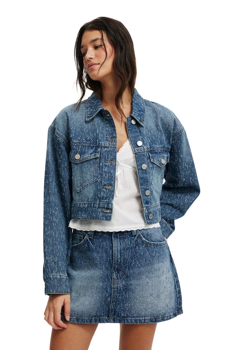 Cotton On Women's Cropped Denim Jacket, Main, color, Rail Blue Texture