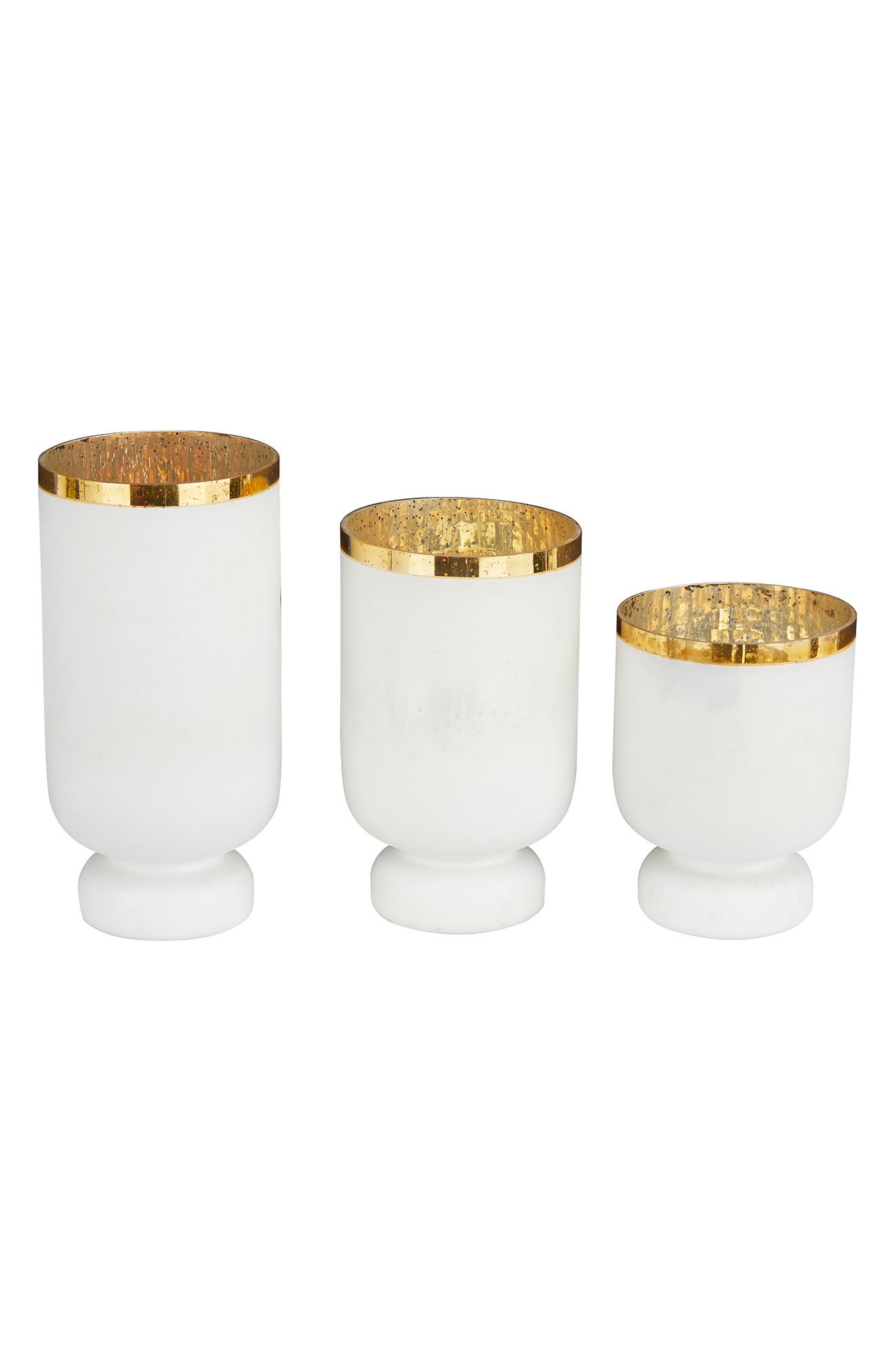 VIVIAN LUNE HOME White Glass Pillar Hurricane Lamp with Goldtone Interior - Set of 3