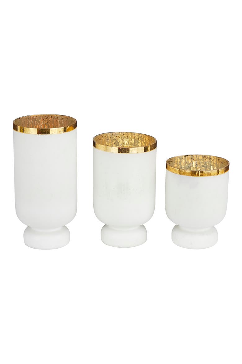 White Glass Pillar Hurricane Lamp with Goldtone Interior - Set of 3, Main, color, WHITE