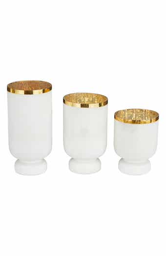 White Glass Pillar Hurricane Lamp with Goldtone Interior - Set of 3