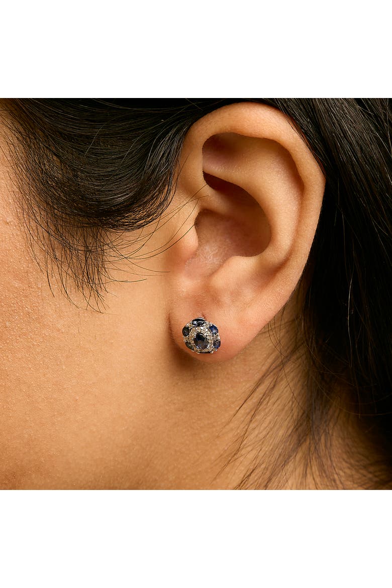 14K White Gold Blue Sapphire and Diamond Vintage Style Stud Earrings, Alternate, color, White