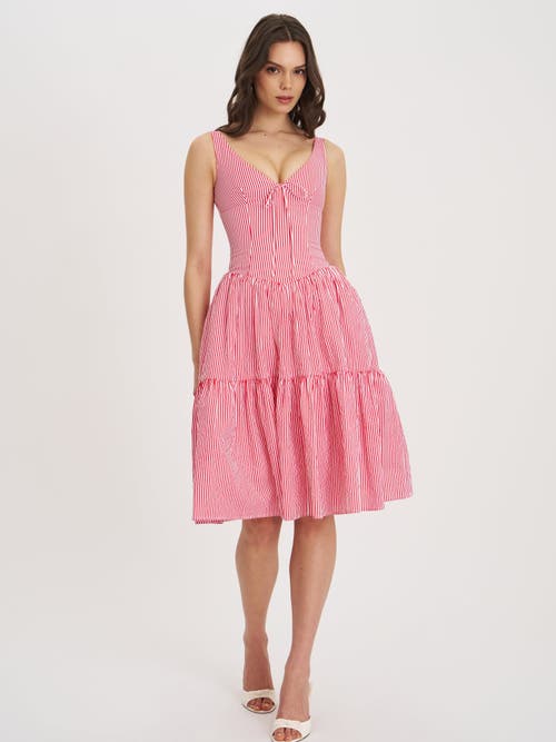 Miss Circle Women Oceana Red Candy Stripe Drop Waist Midi Dress In Pink