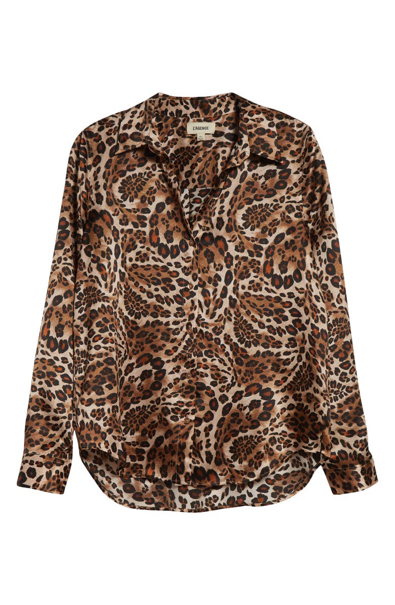 L'AGENCE Tyler Leopard Print Silk Button-Up Shirt, Alternate, color, Cinnamon