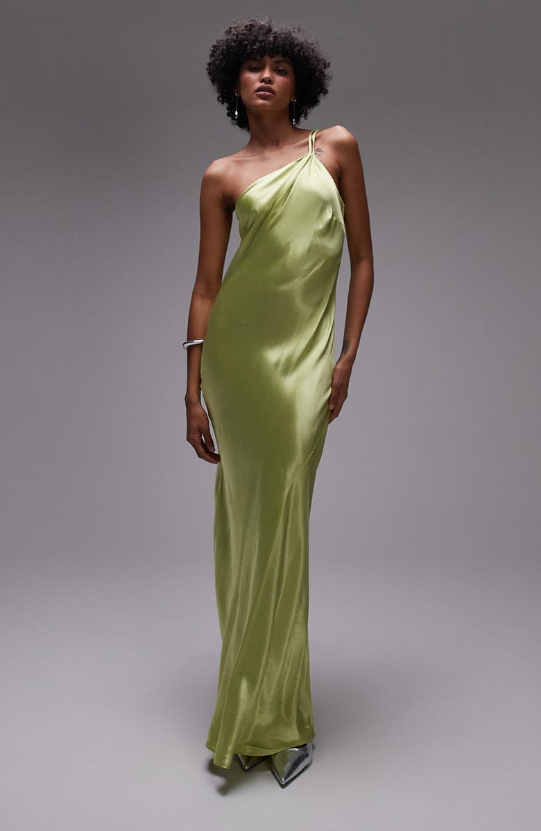 Topshop One-Shoulder Satin Maxi Dress, Main, color, Light Green