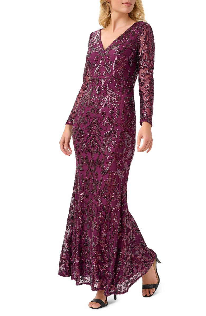 Adrianna Papell Sequin Mesh Long Sleeve Trumpet Gown, Alternate, color, 