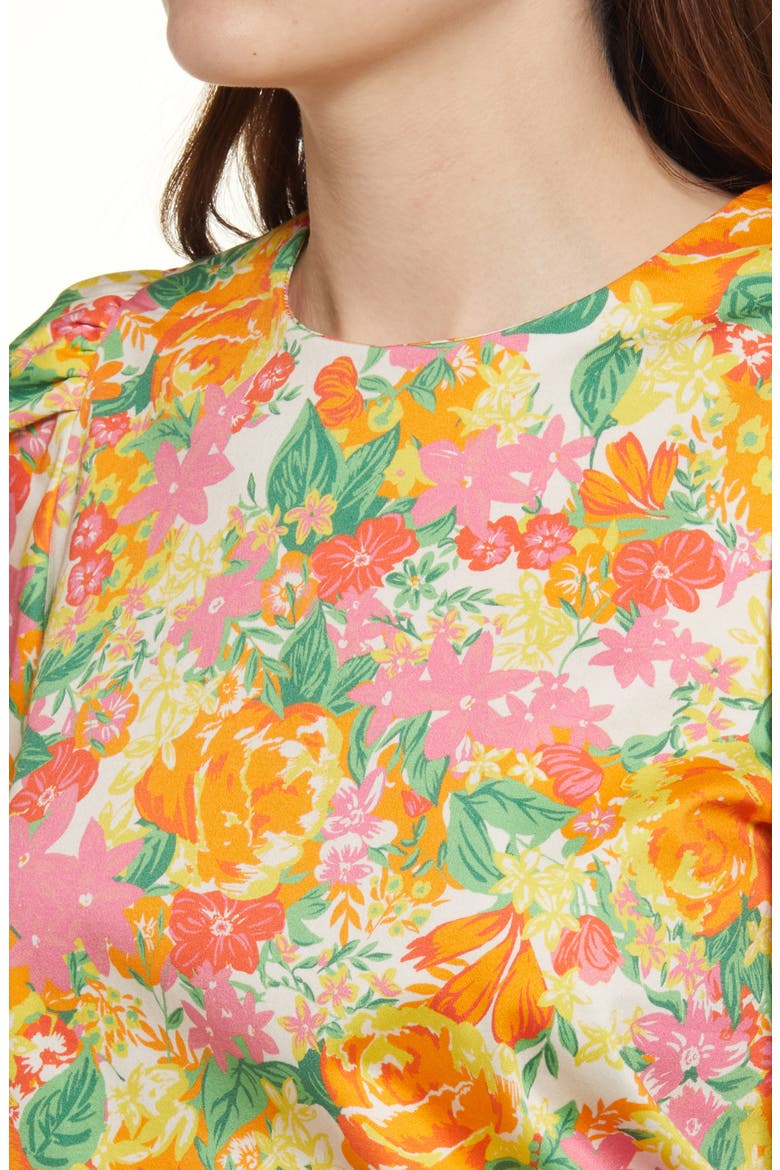 Floral Print Puff Sleeve Stretch Cotton Top, Alternate, color, ORANGE