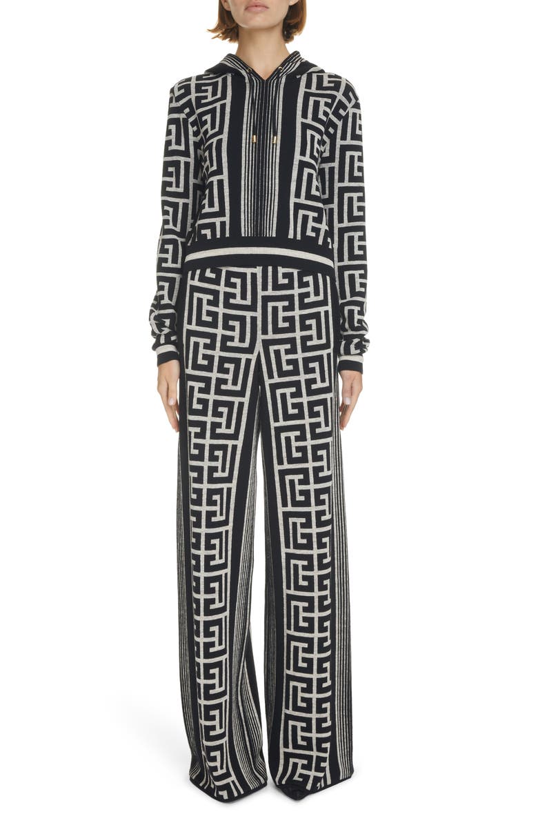 Balmain Monogram Crop Merino Wool & Linen Blend Hoodie, Alternate, color, 