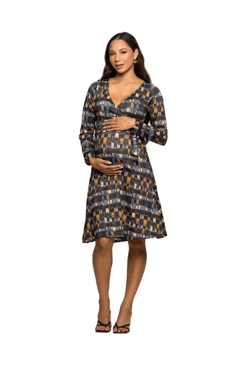 Long Sleeve Wrap Dress with Belt in Geometric Print, Main, color, Brown Multi