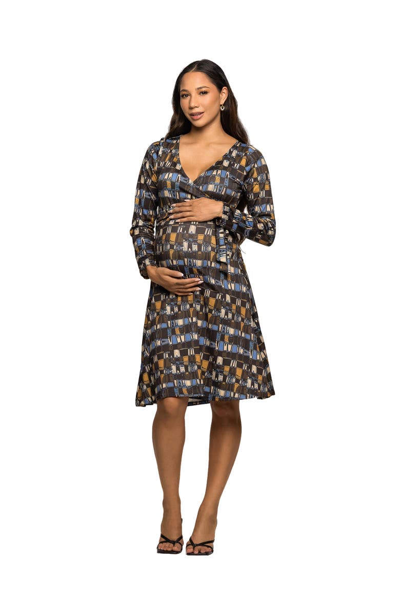 24seven Comfort Apparel Long Sleeve Wrap Dress with Belt in Geometric Print, Main, color, Brown Multi