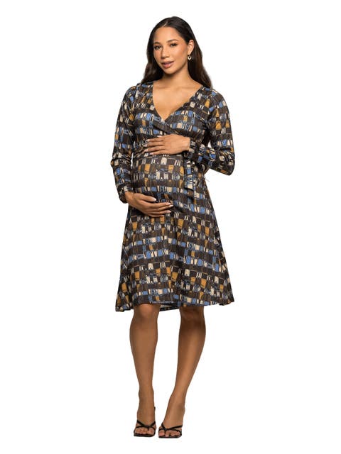 Long Sleeve Wrap Dress with Belt in Geometric Print