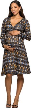 24seven Comfort Apparel Long Sleeve Wrap Dress with Belt in Geometric Print